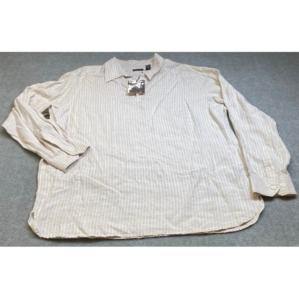NWT Structure Pullover Shirt Men XL Beige Striped 100% Linen Long Sleeve V-Neck